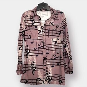 NEW Musical Note Button Down Shirt Mauve Purple Tone